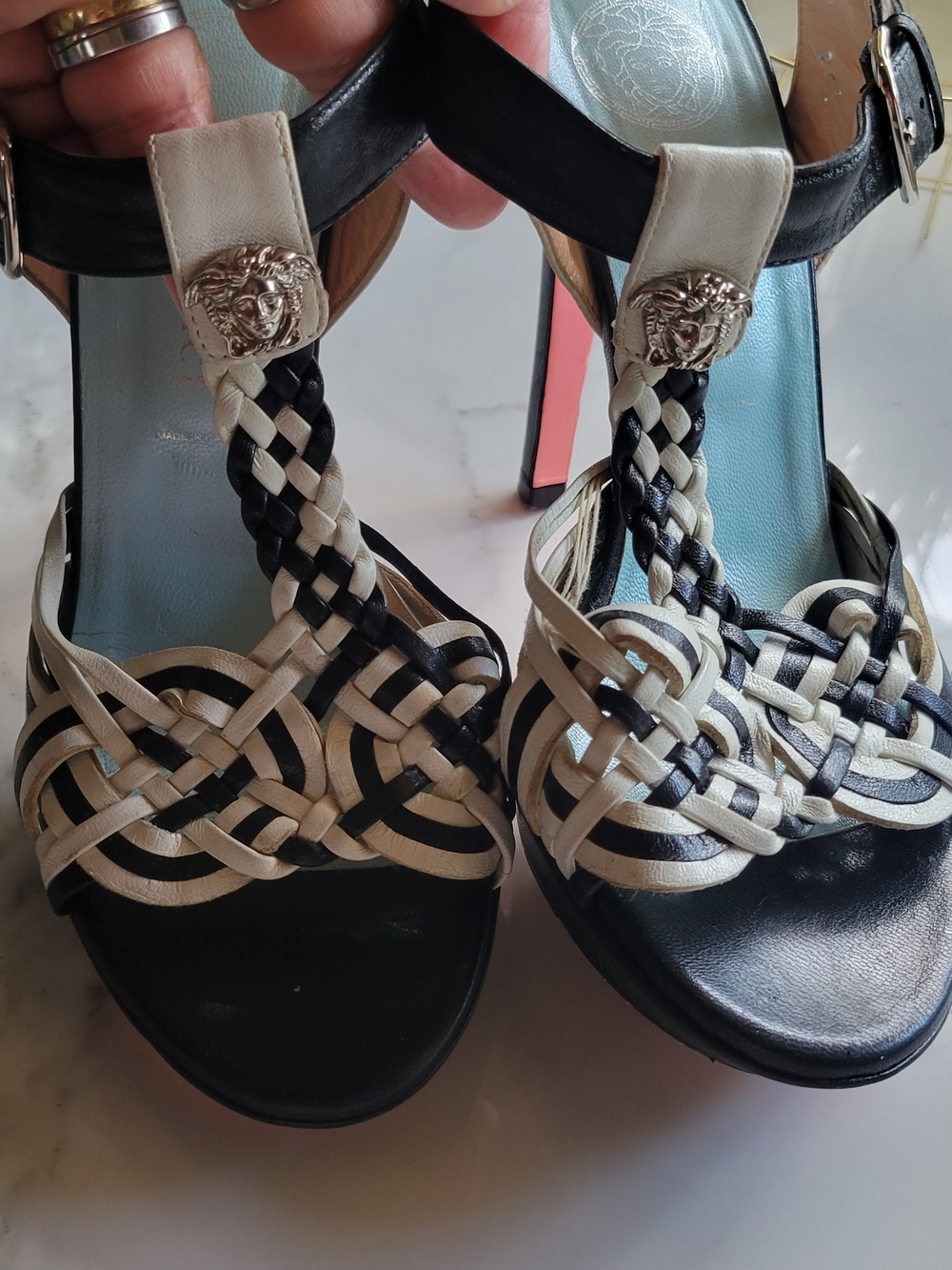 Versace Black & Cream Braided Leather High Heel Sandals with Medusa Accent